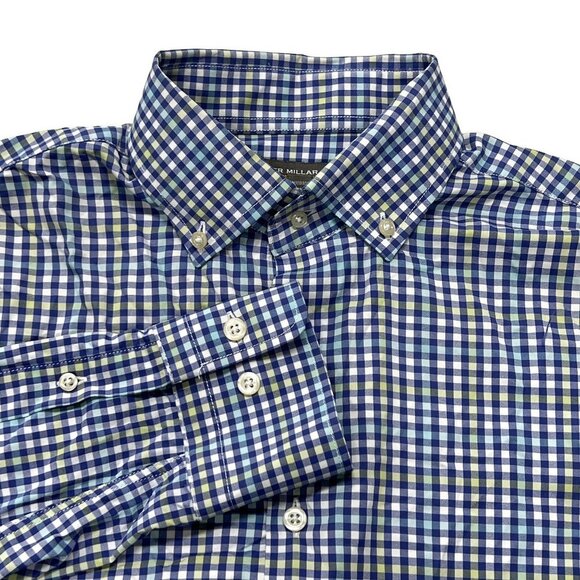 Peter Millar Summer Comfort Button Down Shirt Mens Medium Nylon Blue Check L/S - Picture 1 of 9